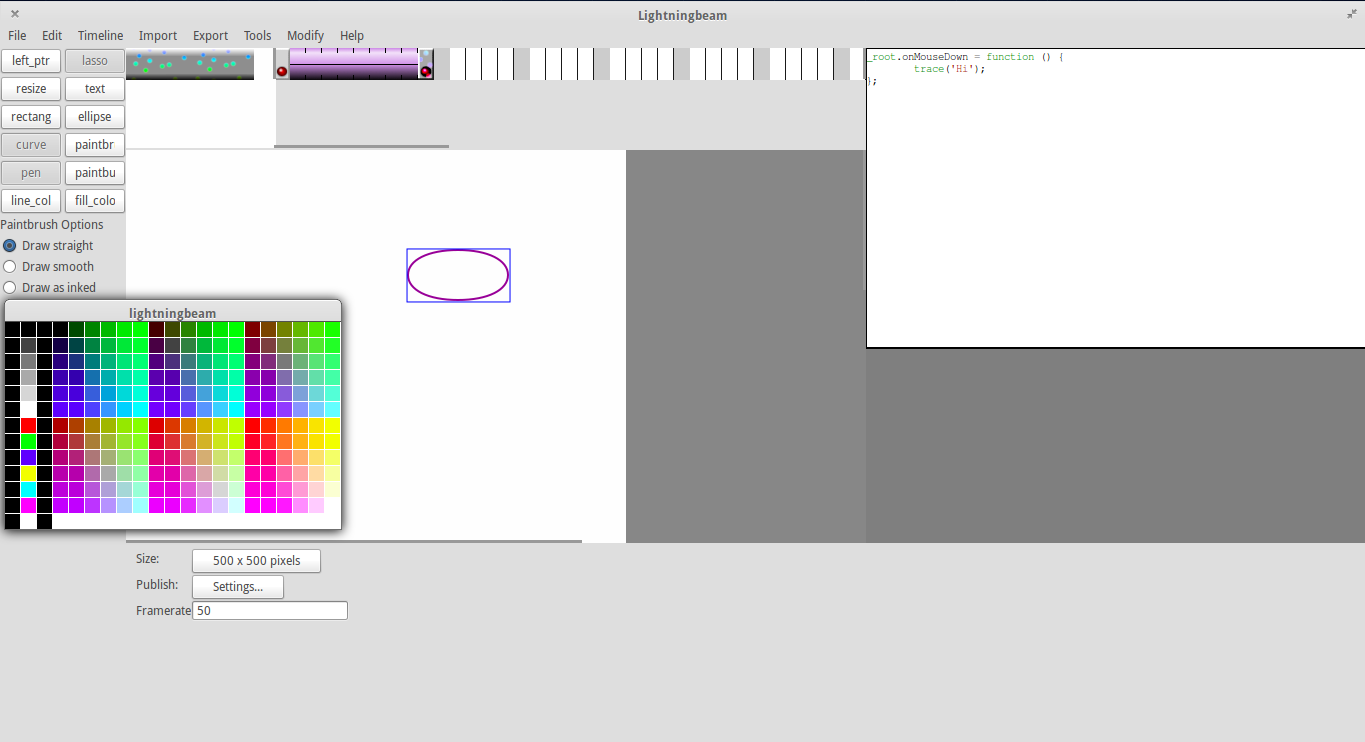 Screenshot showing stage, ActionScript window, timeline and color selection menu
